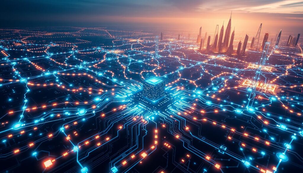 A vast, interconnected network of quantum circuits and AI algorithms, illuminated by a pulsing, ethereal glow. In the foreground, a central quantum processor unit radiates with an intense, prismatic light, its intricate design hinting at the incredible computational power within. Surrounding it, a web of glowing quantum conduits and neural pathways intertwine, creating a mesmerizing pattern that seems to vibrate with the energy of untapped potential. In the background, a futuristic cityscape recedes into the distance, its towering structures and gleaming spires symbolizing the boundless possibilities unlocked by the convergence of quantum computing and artificial intelligence. The scene is bathed in a soft, otherworldly light, conveying a sense of awe and wonder at the transformative power of this revolutionary technology.