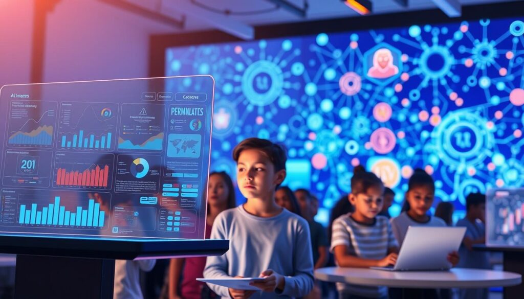 A vibrant, futuristic scene of AI-driven learning solutions. In the foreground, sleek, holographic displays showcase personalized learning dashboards, adapting seamlessly to each student's needs. The middle ground features a diverse group of students interacting with immersive virtual environments, their faces aglow with wonder and engagement. In the background, a backdrop of stylized, interconnected neural networks and data visualizations, conveying the intelligent, data-driven nature of the learning platform. Soft, diffused lighting creates a sense of warmth and innovation, while a sense of forward momentum and progress permeates the scene.
