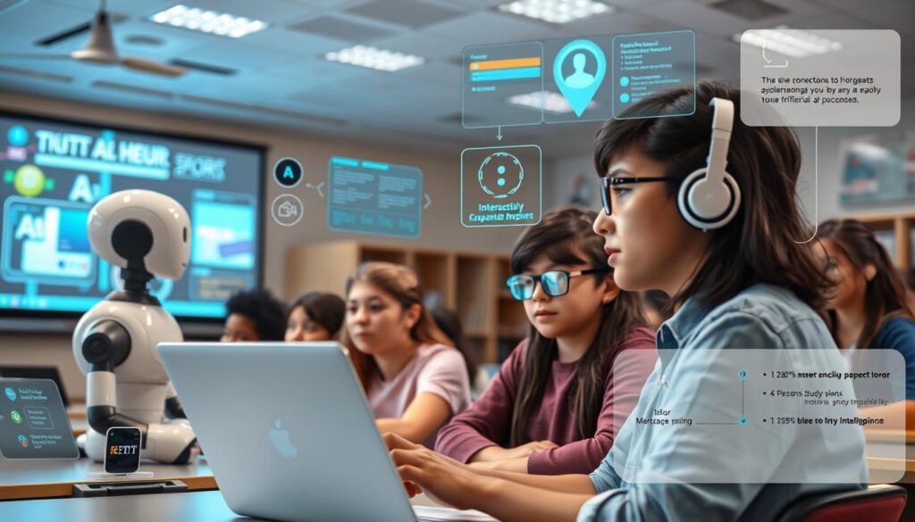 A well-lit classroom filled with various AI-powered learning tools, including a holographic display projecting interactive lessons, a robot tutor guiding a student through interactive exercises, and a virtual assistant offering personalized study plans and analytics on a student's progress. In the foreground, a group of students intently engaged with these state-of-the-art AI technologies, while the background showcases a modern, technology-infused educational environment. The scene conveys a sense of innovation, collaboration, and the seamless integration of artificial intelligence in empowering students to succeed academically.