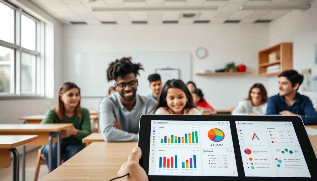 An airy, minimalist classroom setting with clean lines and a bright, natural lighting. In the foreground, a tablet displaying various AI-powered assessment tools - colorful graphs, interactive learning dashboards, and personalized feedback modules. In the middle ground, students of diverse backgrounds engaged in collaborative tasks, their faces brimming with curiosity and focus. The background features modern, tech-infused learning spaces - sleek whiteboards, floating shelves, and subtle nods to the digital age. The overall atmosphere conveys a sense of innovation, empowerment, and a seamless integration of AI into the educational landscape.