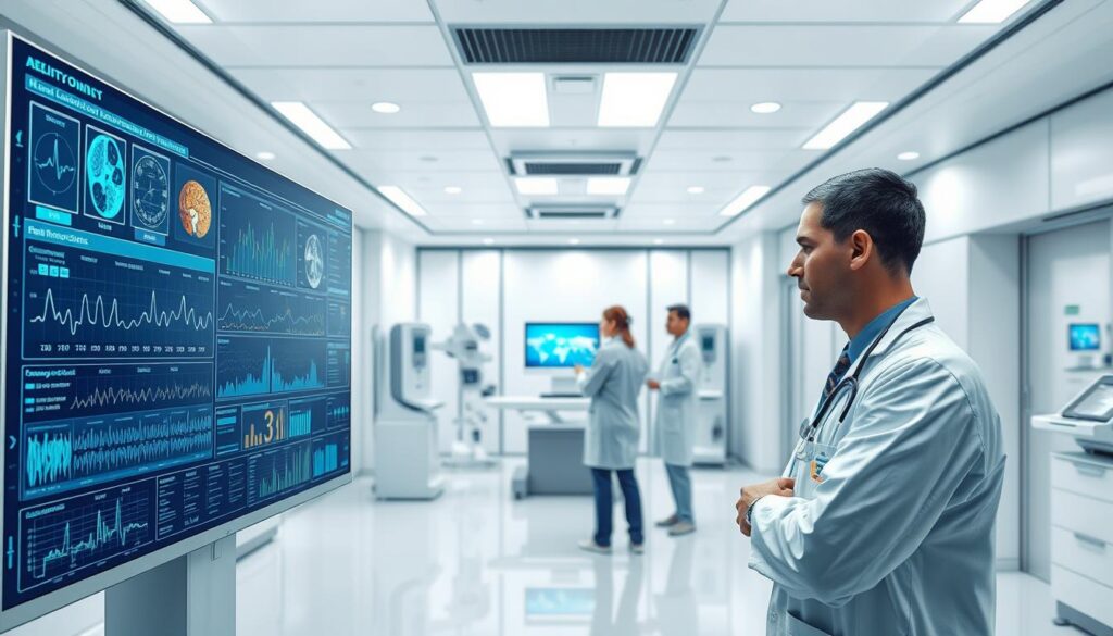 a highly detailed, realistic digital illustration of artificial intelligence medical diagnostic software, set against a clean, modern medical office environment. The software interface is prominently displayed in the foreground, with various data visualizations, diagnostic tools, and AI-powered analysis features. In the middle ground, a team of medical professionals interacts with the software, reviewing patient data and making informed decisions. The background features sleek, minimalist medical equipment and technology, creating a sense of advanced, cutting-edge healthcare. The lighting is crisp and evenly distributed, highlighting the clean, professional aesthetic. The entire scene conveys a sense of innovation, efficiency, and trust in the AI-powered medical diagnostic tools.