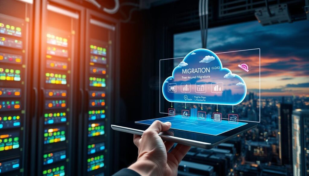 A bustling data center with sleek servers, cables, and blinking lights. In the foreground, a hand holding a tablet initiates the cloud migration process, with colorful transfer animations visualizing the secure data movement. The middle ground features a 3D holographic interface showcasing step-by-step migration stages, with data streams flowing between on-premises infrastructure and the cloud. In the background, a panoramic view of a modern city skyline under a dramatic sky, symbolizing the transition from traditional IT to the boundless possibilities of cloud computing. Cinematic lighting casts dramatic shadows, emphasizing the technical complexity and significance of the cloud migration journey.