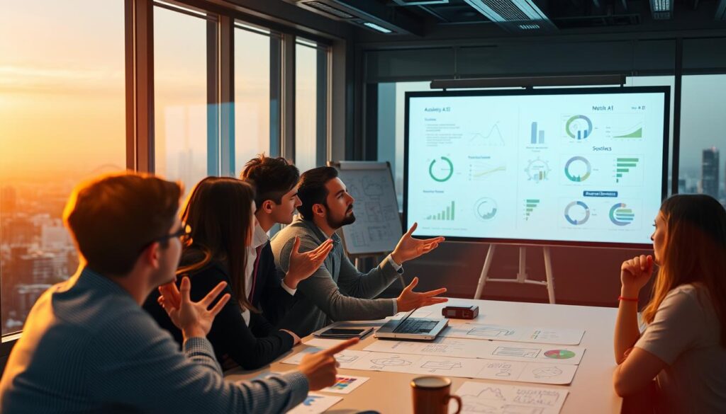 A busy office scene with a team of professionals gathered around a conference table, intently examining charts and diagrams projected on a large screen. The lighting is warm and focused, creating a sense of concentration and purpose. In the foreground, a group of colleagues are deep in discussion, gesturing animatedly as they review AI-related data and plans. In the middle ground, a whiteboard is covered in notes and sketches, hinting at the collaborative nature of the planning process. The background features a panoramic city skyline, suggesting the broader context and scale of the AI integration project. The overall mood is one of thoughtful deliberation, as the team works to seamlessly incorporate AI solutions into their workflow.