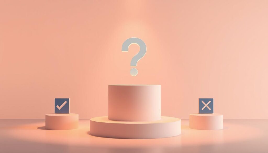 A clean, minimalist illustration showcasing a "question-answer schema" concept. A central podium displays a large question mark, symbolizing the questioning phase. Flanking it are two smaller podiums, one with a checkmark and the other with an X, representing the answer options. The scene is bathed in a soft, warm lighting that creates a contemplative atmosphere. The background features a subtle gradient, maintaining focus on the core elements. The composition is balanced and visually striking, effectively conveying the idea of a structured question-and-answer framework.