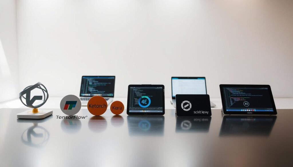 A clean, well-lit studio setting with a modern, minimalist aesthetic. In the foreground, a sleek, metallic table displays various data science tools and frameworks, including TensorFlow, PyTorch, Keras, and scikit-learn, their logos subtly etched into the surface. In the middle ground, several high-end laptop computers and tablets are arranged, their screens displaying visualizations and code snippets. The background features a soft, neutral-toned gradient, creating a sense of depth and focus on the central elements. The lighting is bright and directional, casting subtle shadows and highlights to accentuate the forms and textures of the devices. The overall atmosphere conveys a sense of professionalism, innovation, and the power of data science.
