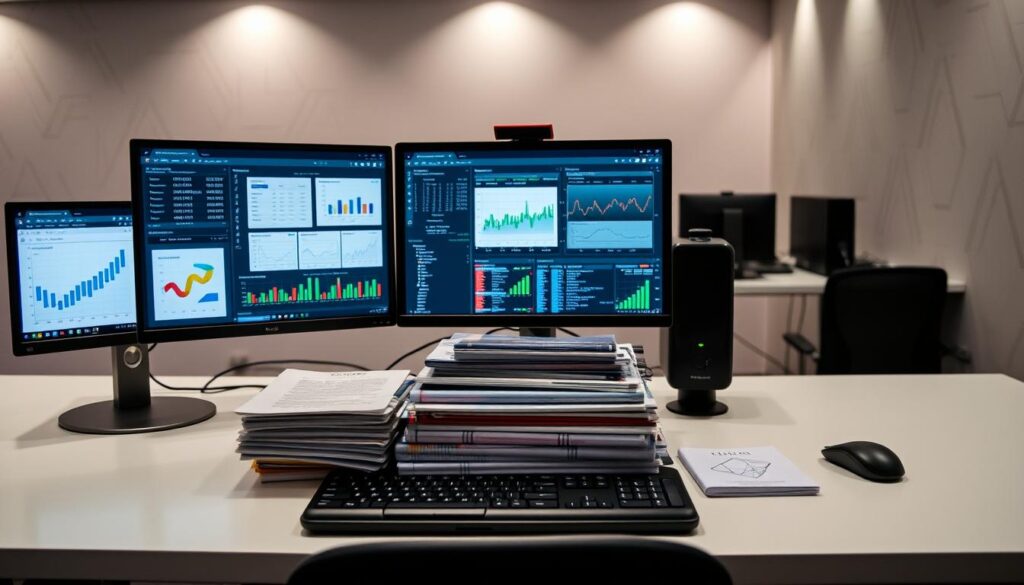A clean, well-organized data science workstation with a sleek desktop computer, multiple high-resolution monitors, and an ergonomic keyboard and mouse. The foreground features a variety of data visualization dashboards, statistical analysis software, and machine learning algorithms running on the screens. The middle ground showcases a tidy stack of data files, notebooks, and reference materials, while the background depicts a minimalist office environment with subtle geometric patterns on the walls and subtle, ambient lighting creating a focused, productive atmosphere.