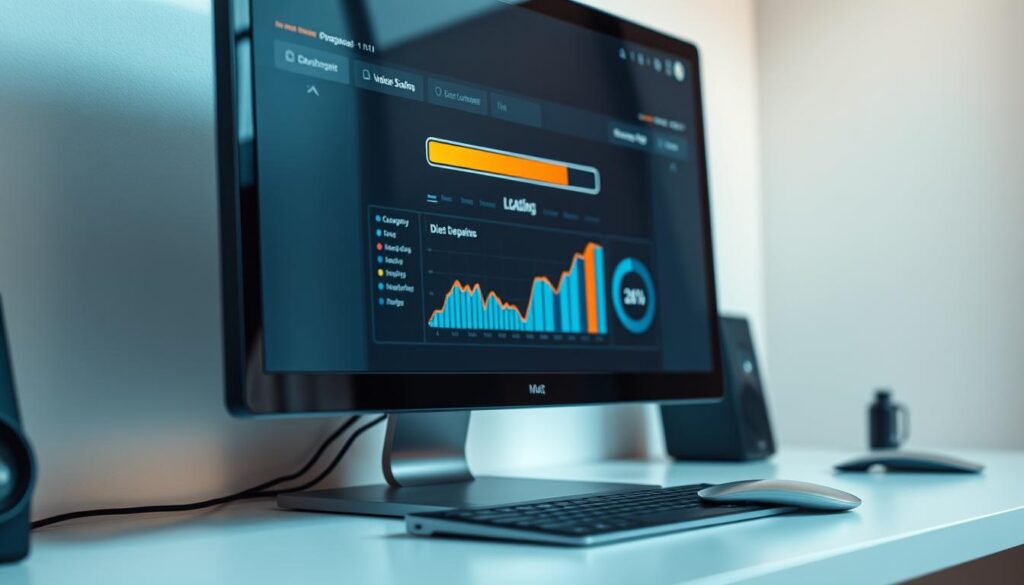 A close-up shot of a computer monitor displaying a website loading progress bar, surrounded by a sleek, minimalist workspace. The screen shows a stylized visualization of website optimization metrics, with colorful graphs and statistics. Soft, directional lighting illuminates the scene, casting subtle shadows and highlights on the desktop surface. The overall mood is one of efficiency, attention to detail, and a commitment to technical excellence in digital marketing.