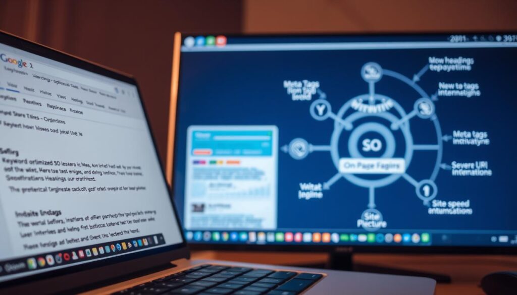 A close-up view of a modern desktop displaying various on-page SEO techniques. In the foreground, a search engine results page showcases keyword-optimized content. In the middle ground, a website structure diagram illustrates the strategic placement of relevant headings, images, and internal links. In the background, a stylized graphic depicts the interconnected nature of on-page factors, such as meta tags, URL structure, and site speed. The scene is bathed in a soft, warm lighting, creating a professional and authoritative atmosphere, hinting at the power of these techniques to drive organic visibility and traffic.