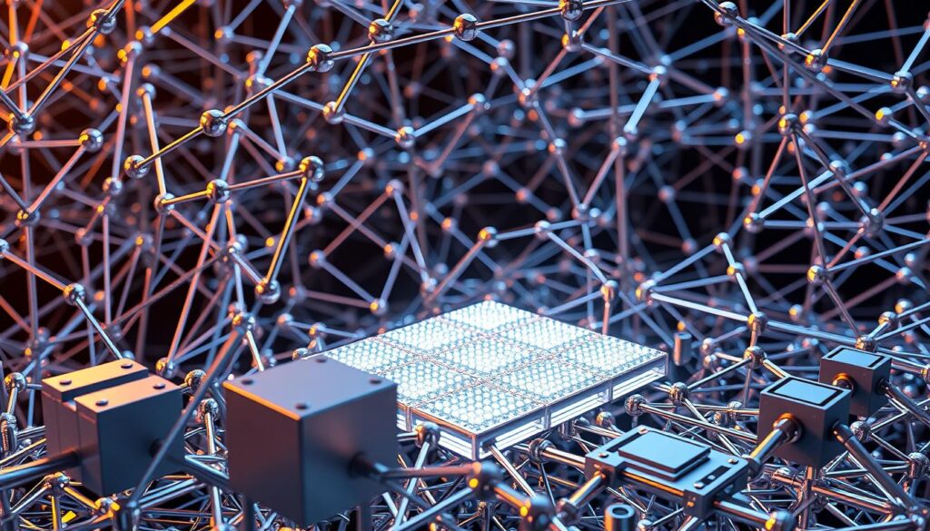 A complex blockchain structure, meticulously rendered with intricate geometric forms and sleek metallic finishes. The foreground showcases a series of interconnected blocks, each representing a critical component of the decentralized network. The middle ground features a three-dimensional matrix of transaction ledgers, illuminated by a soft, ambient glow. In the background, a network of nodes and pathways converge, creating a visually striking sense of depth and interconnectivity. The lighting is balanced, with subtle shadows and highlights accentuating the technological elegance of the design. The overall composition conveys a sense of order, security, and the revolutionary potential of blockchain technology.