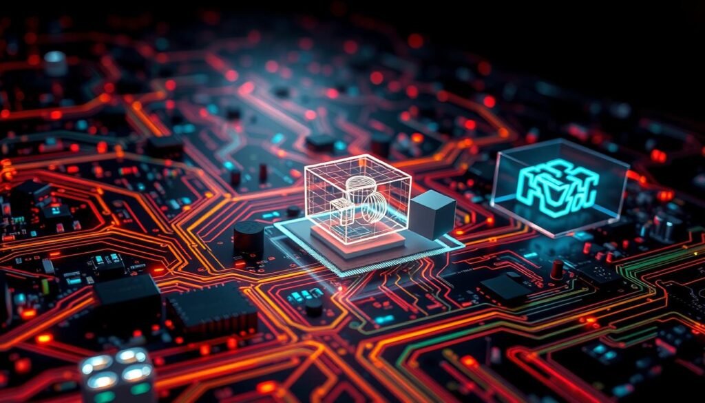 A complex circuit board with intricate pathways, glowing with an array of vibrant colors, set against a dark, moody backdrop. In the foreground, various computer vision techniques are illustrated through detailed 3D renderings of data visualization tools, neural networks, and edge detection algorithms. The middle ground features holographic projections of rotating 3D shapes, showcasing depth perception and object recognition. The background is bathed in a soft, directional light, creating dramatic shadows and highlighting the technological aesthetics. The overall atmosphere evokes a sense of advanced computational power and the seamless integration of computer vision in modern technology.