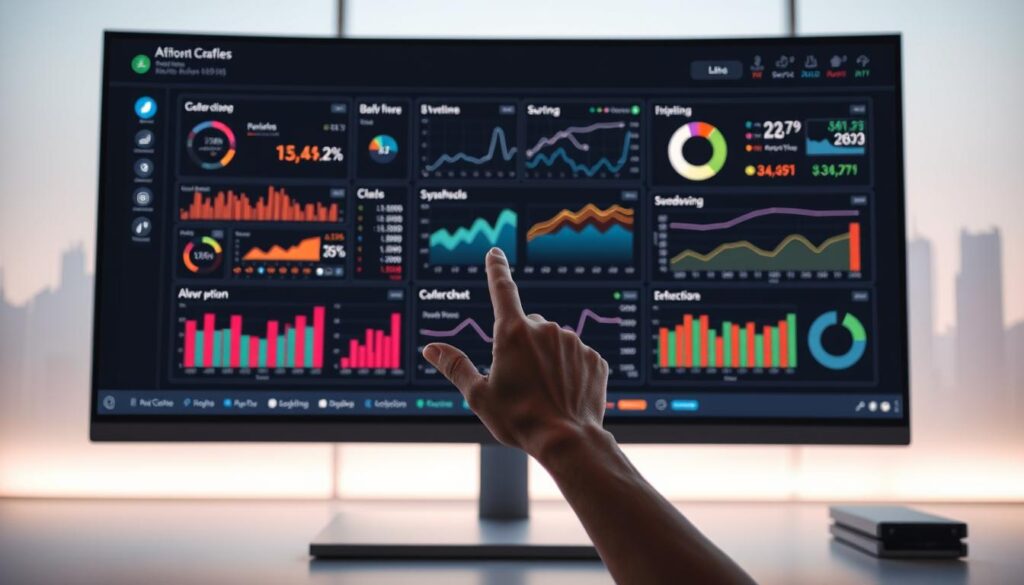 A complex data visualization dashboard is displayed on a sleek, high-resolution computer monitor. The interface is clean and intuitive, with interactive graphs, charts, and real-time data feeds presented in a well-organized layout. The display is illuminated by soft, ambient lighting that creates a focused, technical atmosphere. In the foreground, a human hand interacts with the touchscreen, manipulating the data visualizations to uncover hidden insights. The background is minimalist, with a subtle gradient or blurred cityscape to maintain the emphasis on the analytical tools. The overall scene conveys a sense of efficiency, productivity, and the power of AI-driven data analysis in real-time.