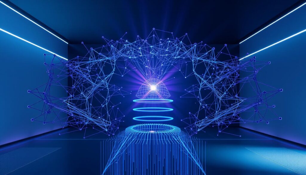 A complex deep neural network architecture unfolds in a sleek, high-tech setting. In the foreground, an intricate web of interconnected nodes and layers, rendered in shades of blue and purple, pulsates with energy. The middle ground showcases the network's depth, with multiple hidden layers cascading into a central processing core. Rays of light emanate from this core, illuminating the surrounding environment - a minimalist workspace with clean lines and a futuristic ambiance. The background features subtle gradients and geometric patterns, creating a sense of depth and emphasizing the technological prowess of the neural network. The overall scene exudes a sense of power, innovation, and the boundless potential of deep learning.