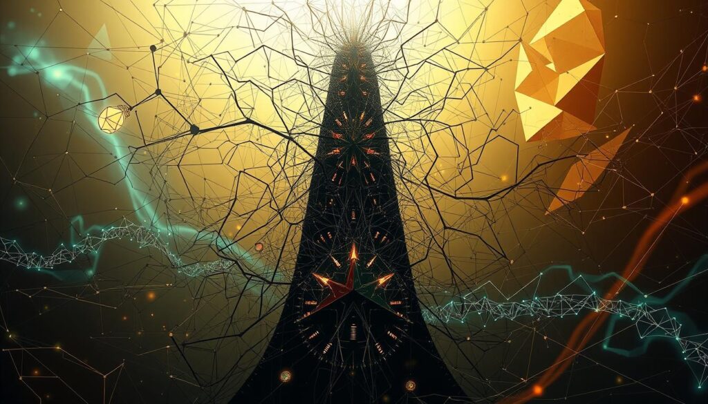A complex, interconnected network of neural pathways, synapses, and algorithms swirling against a backdrop of abstract geometric shapes and patterns. In the foreground, a towering, multifaceted structure representing the core characteristics of an AGI system - adaptability, generalization, self-improvement, and contextual reasoning. The scene is bathed in a warm, ambient light, conveying a sense of intelligence, complexity, and the vast potential of artificial general intelligence. Subtle details, such as floating data streams and ethereal tendrils, add depth and a sense of dynamism to the image, hinting at the ever-evolving nature of AGI. The overall composition evokes a sense of awe and wonder, capturing the essence of the transformative power of this emerging technology.