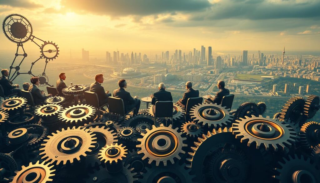A complex, layered landscape depicting the evolving regulatory framework for artificial intelligence. In the foreground, a network of interconnected gears and cogs symbolize the intricate web of policies, guidelines, and standards governing AI development and deployment. The middle ground features government officials, industry leaders, and AI experts engaged in deep discussion, their faces illuminated by the soft, diffused light of a conference room. In the background, a cityscape stretches out, hinting at the global scale and diverse stakeholders shaping the AI regulatory landscape. The overall mood is one of contemplation and deliberation, reflecting the high-stakes and multifaceted nature of governing this transformative technology.