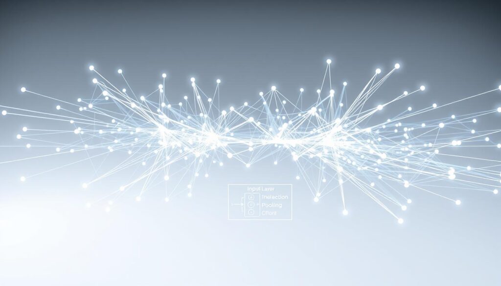 A complex neural network diagram unfolds on a white background, depicting the intricate architecture of a deep learning model. Nodes and layers are arranged in an orderly grid, connected by sleek, illuminated lines that convey the flow of information. The foreground showcases the input layer, hidden layers, and output layer, while the middle ground features detailed schematics of activation functions, pooling operations, and fully connected nodes. In the background, a subtle glow emanates, creating a sense of depth and highlighting the technical sophistication of the model. The overall composition exudes a clean, minimalist aesthetic, perfectly suited to illustrate the power and elegance of deep learning.