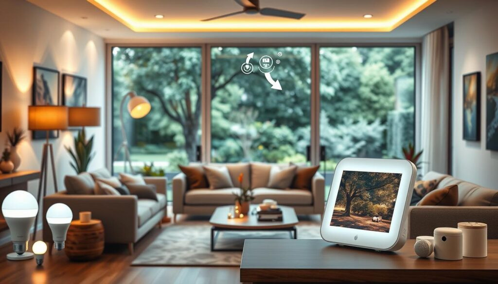 A cozy and inviting living room with a modern, minimalist aesthetic. In the foreground, a sleek, white smart home hub with a glowing touchscreen interface, seamlessly blending into the decor. Surrounding it, an array of discrete, state-of-the-art smart home devices - LED light bulbs, climate control sensors, security cameras, and voice assistants - all subtly integrated into the room's furnishings. The middle ground features a comfortable sofa and armchair, bathed in warm, diffused lighting from hidden sources. In the background, large windows offer a picturesque view of a lush, verdant garden, creating a sense of tranquility and connection to nature. The overall mood is one of effortless automation, technological harmony, and a elevated, yet homely ambiance.