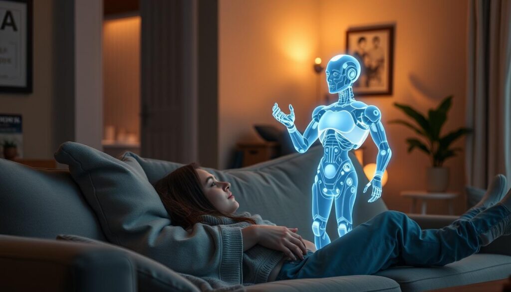 A cozy home interior with a person relaxing on a comfortable sofa, deep in conversation with a personalized AI assistant. The AI appears as a glowing holographic figure, customized to the user's preferences, offering a tailored and engaging interaction. Soft, warm lighting illuminates the scene, creating an atmosphere of intimacy and connection. The background features subtle technological elements, hinting at the advanced capabilities of the AI system, seamlessly integrated into the user's living space.
