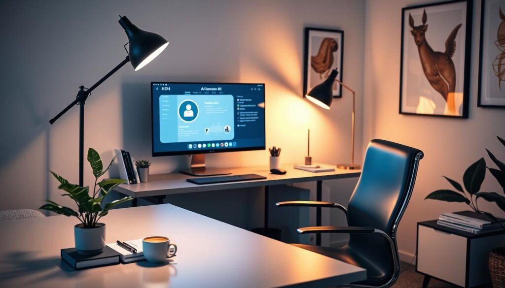 A cozy home office setup, with a sleek and modern computer desk, a comfortable office chair, and a large monitor displaying an intuitive AI companion interface. Soft, diffused lighting from a floor lamp creates a warm, inviting atmosphere. On the desk, a potted plant and a cup of coffee add natural elements, while a neatly organized array of stationery and a stylish lamp complete the scene. The walls are adorned with abstract art prints, reflecting the homeowner's refined taste. The overall setup conveys a sense of productivity, technology, and a welcoming environment for one's AI companion.