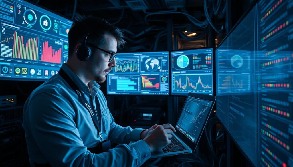A cybersecurity expert conducts a comprehensive network security assessment in a dimly lit server room. High-tech monitoring devices and security dashboards are displayed on multiple screens, with intricate data visualizations and analytics. The expert, wearing a security badge and tactical gear, carefully examines network traffic logs and threat intelligence on their laptop, illuminated by the soft glow of the displays. In the background, a complex mesh of cables, routers, and network hardware conveys the complexity of the modern IT infrastructure. The scene exudes a sense of vigilance, attention to detail, and the critical importance of securing vital systems against cyber threats.