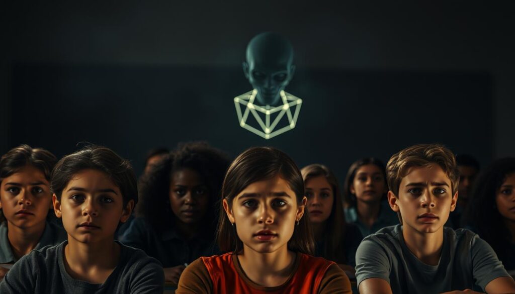 A dark, distorted classroom scene with an ominous AI-powered educational program casting unsettling shadows over students. In the foreground, students of diverse backgrounds appear uneasy, their facial expressions conveying a sense of discomfort and apprehension. The AI system, represented by glowing, angular geometric shapes, looms large in the middle ground, its algorithm-driven decisions casting an oppressive, discriminatory influence. The background is hazy, with faint outlines of other classroom elements, symbolizing the lack of transparency and hidden biases within the AI system. The lighting is harsh, creating stark contrasts and unsettling tones, heightening the sense of unease and systemic unfairness.