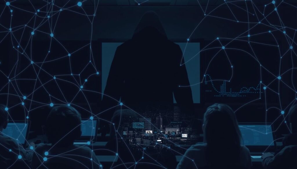 A dark, shadowy figure looming over a classroom of students, their faces obscured by digital interfaces. The room is dimly lit, casting an ominous atmosphere. In the foreground, a tangled web of data streams and algorithms swirls, representing the intricate web of privacy concerns and data security risks in AI-driven education. The middle ground shows a disjointed scene of students' personal information being collected and analyzed, their individuality and autonomy compromised. The background fades into a dystopian cityscape, symbolizing the larger societal implications of these issues. The image conveys a sense of unease and vulnerability, underscoring the need for vigilance and ethical considerations in the integration of AI technologies within the educational system.
