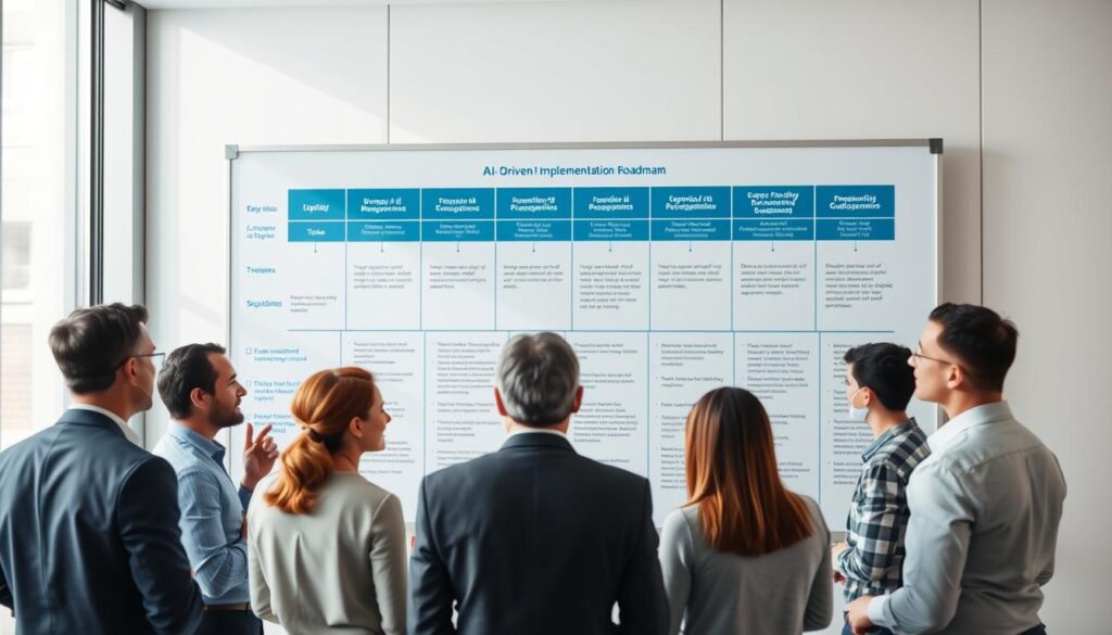 A detailed, data-driven AI governance implementation roadmap, displayed on a large whiteboard in a well-lit, modern corporate office. The roadmap shows a clear step-by-step process, with key milestones, timelines, and responsibilities outlined in a structured format. The foreground features an executive team gathered around the board, engaged in a thoughtful discussion, gesturing towards the roadmap. The middle ground showcases various supporting frameworks, policies, and guidelines that underpin the implementation. The background has a clean, minimalist aesthetic, with subtle grid lines and soft shadows, conveying a sense of professionalism and strategic focus.