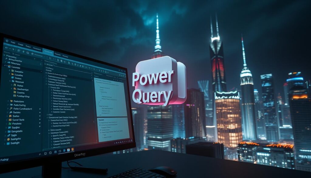 A detailed, technologically-advanced data transformation interface with Power Query commands and visualizations. The foreground features a desktop workspace with a large monitor displaying Power Query's query editor, with various transformation steps and data preview panes. The middle ground showcases a floating 3D model of the Power Query logo, emitting a soft glow. The background depicts a futuristic cityscape with skyscrapers and a moody, dramatic lighting setup, creating an atmosphere of sophisticated data analytics. The scene is captured through a wide-angle lens, creating depth and emphasizing the scale and complexity of the data transformation process.