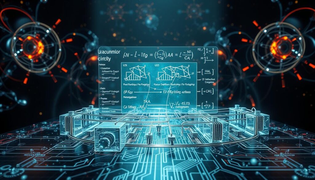 A detailed three-dimensional visualization of quantum error correction techniques, showcasing intricate quantum circuit diagrams and algorithms against a backdrop of abstract quantum mechanical phenomena. The foreground depicts a complex network of interconnected quantum gates, error detection and correction mechanisms, operating within a translucent, shimmering quantum computing environment. The middle ground features a holographic display of mathematical equations and quantum state representations, while the background is filled with swirling energy fields, wavefunctions, and quantum entanglement visualizations, all rendered with a sophisticated, photorealistic style and dramatic, moody lighting.