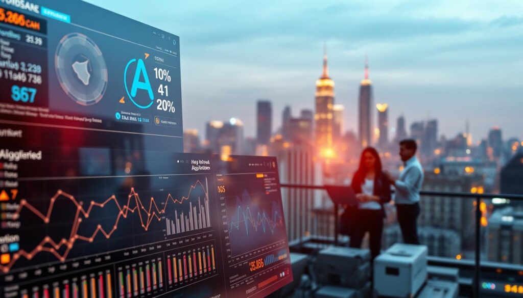 A digital marketing landscape with AI optimization at its core. In the foreground, a data visualization dashboard displays key performance metrics, algorithms crunching numbers in real-time. In the middle ground, a team of analysts and marketers collaborate, studying insights and refining strategies. The background features a city skyline, signifying the broad impact of AI-powered digital marketing across the urban environment. Warm lighting creates a sense of productivity and progress, while a subtle blue hue suggests the technological nature of the scene. The overall mood is one of efficiency, innovation, and the seamless integration of artificial intelligence into modern marketing practices.