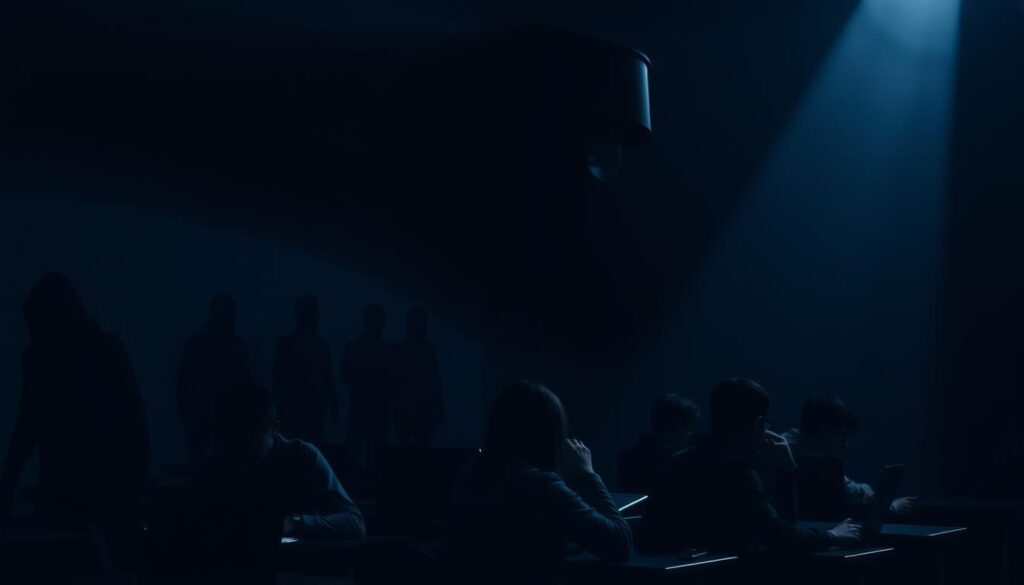 A dimly lit classroom setting, with a large, looming shadow of a surveillance camera hovering over a group of students using laptops and tablets. The students' faces are obscured, hinting at the privacy concerns surrounding AI integration in education. In the background, indistinct figures represent the data security risks, with a sense of unease and uncertainty permeating the scene. The lighting is harsh, creating sharp contrasts and deep shadows, conveying the ominous nature of the subject matter. The camera angle is slightly elevated, giving a sense of the AI's omniscient presence. The overall atmosphere is one of unease, caution, and the potential for abuse of personal information.