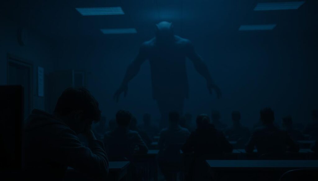 A dimly lit classroom, the air thick with unease. In the foreground, a student sits hunched over a computer, their gaze transfixed on the screen, disconnected from the world around them. The middle ground reveals a group of students, their heads bowed, seemingly lost in a sea of information, struggling to think critically. In the background, a looming, ominous presence of AI-powered educational technology casts an eerie shadow, hinting at the risks of over-reliance on artificial intelligence in the learning environment. The scene is captured with a moody, cinematic lighting, a narrow depth of field, and a slight lens distortion, evoking a sense of tension and the potential consequences of AI's encroachment on the foundations of education.