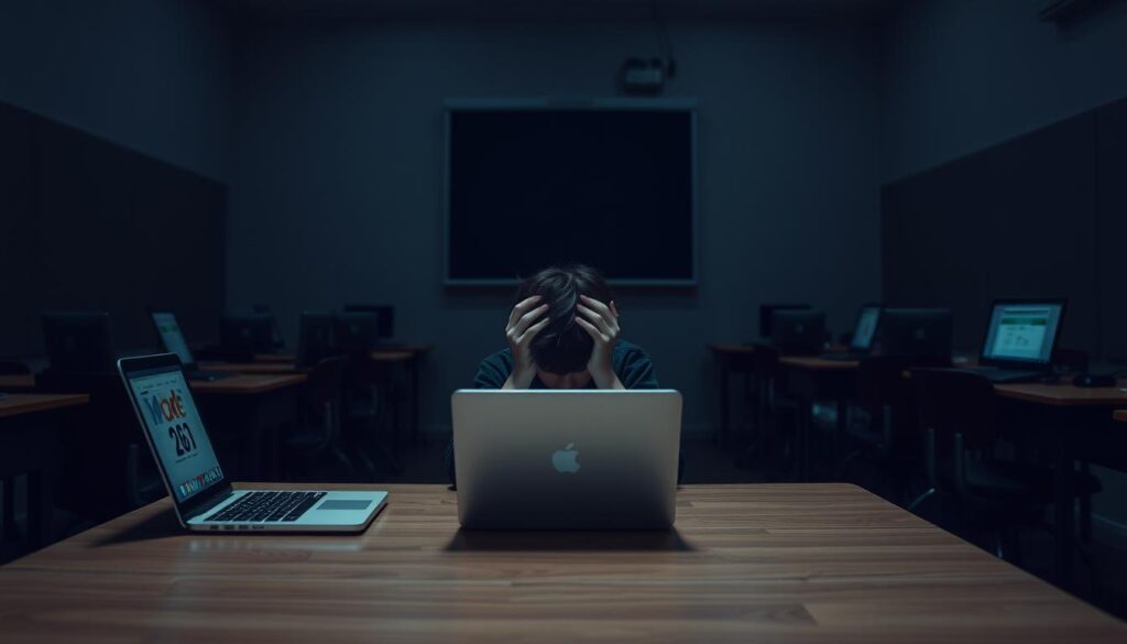 A dimly lit classroom, the stark contrast between a teacher's desk and the empty student desks highlighting the digital divide. In the foreground, a lone student struggles with an outdated laptop, its screen flickering, while their classmates engage with sleek, modern devices. The middle ground depicts a disengaged student, head in hands, symbolizing the accessibility issues arising from unequal access to technology. The background casts an eerie, muted tone, emphasizing the sense of isolation and exclusion. Moody lighting and a shallow depth of field draw the viewer's attention to the central narrative, showcasing the detrimental impacts of AI technology on educational equity.