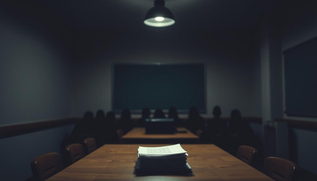 A dimly lit classroom, with a teacher's desk at the center, illuminated by a single overhead light. On the desk, a laptop and a stack of papers, symbolizing the changing role of the educator. In the background, blurred silhouettes of students, their faces obscured, representing the growing distance between teachers and learners. The scene conveys a sense of uncertainty and unease, as the traditional teacher-student dynamic is disrupted by the increasing presence of technology in the educational space.