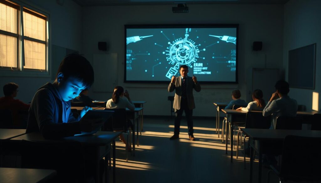 A dimly lit classroom, with desks and chairs scattered haphazardly, casting long shadows across the floor. In the foreground, a student hunched over a tablet, their face obscured by a blue glow, seemingly disengaged from the learning environment. In the middle ground, a teacher stands with a troubled expression, hands raised in a gesture of exasperation, surrounded by students who appear distracted and disinterested. In the background, a towering AI-powered monitor looms, its cold, mechanical presence casting an ominous shadow over the scene, suggesting the negative impact of technology on the learning process.
