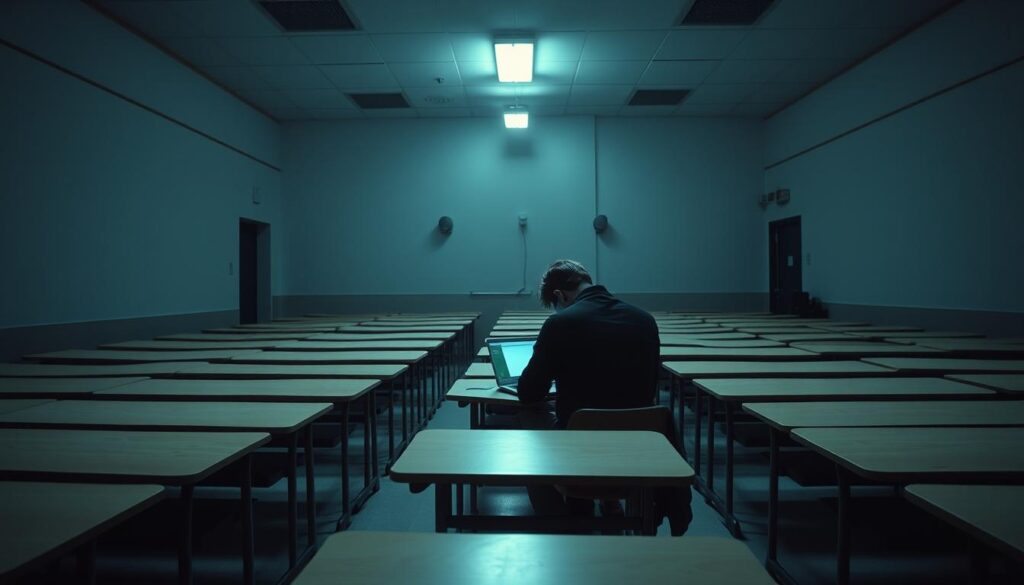 A dimly lit, sterile classroom with rows of empty desks, devoid of any personal touches. The walls are bare, the lighting harsh and clinical. In the center, a lone figure sits hunched over a laptop, disconnected from their surroundings. The atmosphere is one of isolation and detachment, reflecting the depersonalization of the learning experience. The scene is captured through a wide-angle lens, emphasizing the vastness and impersonal nature of the space. The mood is somber, with a sense of discomfort and a lack of human connection.