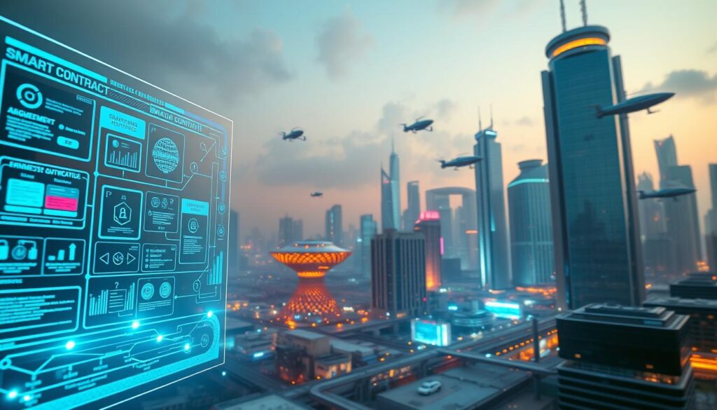 A dynamic scene of smart contract automation showcasing a blockchain-powered business workflow. In the foreground, a gleaming holographic user interface displays visuals of transactions, agreements, and process automation. The middle ground features a stylized depiction of blockchain nodes, cryptographic hashes, and secure data flows. In the background, a futuristic cityscape with towering skyscrapers and hovering transport vehicles sets the scene of a technologically advanced, interconnected world. Soft, neon-tinged lighting creates an ethereal, high-tech ambiance, while a low camera angle emphasizes the scale and complexity of the smart contract ecosystem.