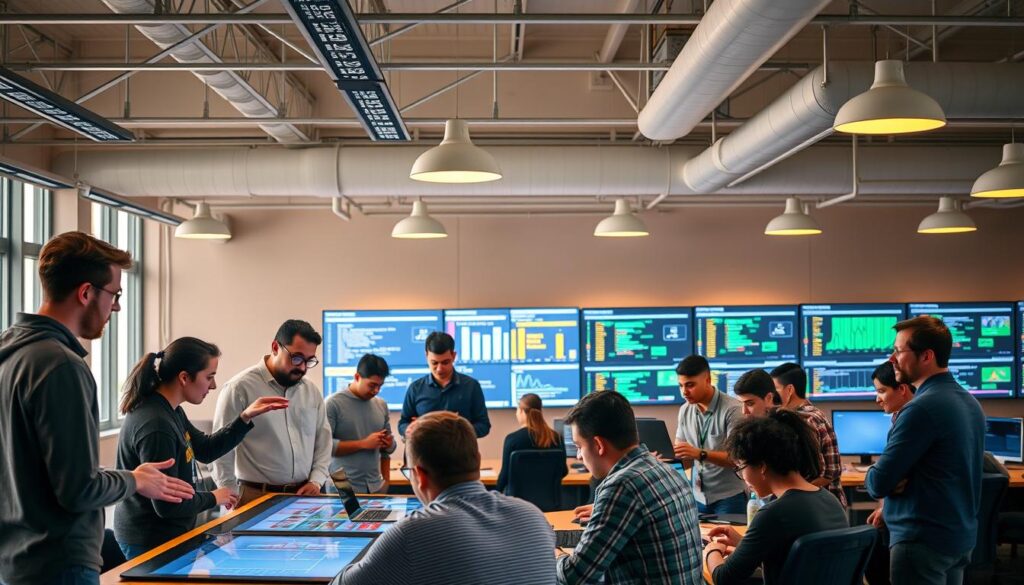 A dynamic team of DevOps engineers collaborating in a vibrant, open-plan office. In the foreground, developers and operations staff gather around a large touchscreen display, gesturing animatedly as they discuss deployment strategies. The middle ground features a diverse group huddled over laptops, sharing code and troubleshooting issues together. In the background, a bank of monitors displays real-time system metrics and dashboards, illuminating the team's commitment to continuous monitoring and improvement. Warm, diffused lighting from overhead fixtures creates a productive, focused atmosphere, while the large windows allow natural light to stream in, fostering a sense of transparency and openness.
