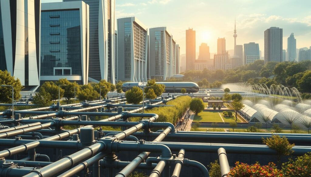 A futuristic cityscape with sleek, modern buildings and lush greenery. In the foreground, a network of interconnected pipes and sensors monitors water flow and quality. In the middle ground, a central water treatment facility uses advanced filtration and recycling systems to conserve and purify water. In the background, a smart irrigation system precisely controls water distribution to parks and gardens, optimizing efficiency. The scene is bathed in a warm, ambient light, conveying a sense of harmony and technological progress in smart water management.