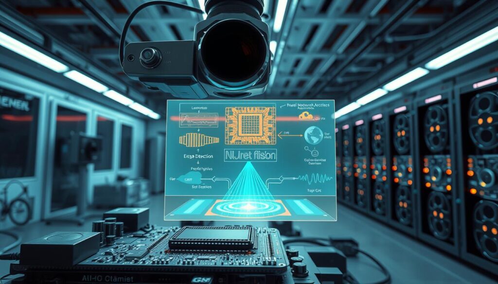 A futuristic computer vision lab with sleek, state-of-the-art equipment. In the foreground, a high-resolution camera with a powerful lens hovers over a complex circuit board, capturing intricate details. The middle ground features a holographic display showing visualizations of neural network architectures, edge detection, and object recognition algorithms. In the background, a bank of powerful GPUs hums quietly, powering the real-time processing of visual data. The lighting is cool and clinical, creating an atmosphere of cutting-edge innovation and scientific exploration. The overall scene conveys the power and potential of computer vision to unlock new insights and transform industries.