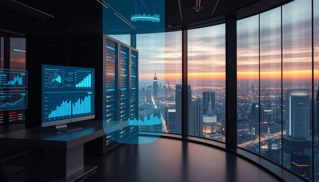 A futuristic data center illuminated by a holographic display, showcasing intricate data visualizations and AI-driven insights. The foreground features a sleek, minimalist workstation with a transparent screen projecting dynamic charts and graphs. The middle ground is occupied by a towering server rack, its LED lights pulsing in sync with the data flow. In the background, a panoramic window offers a breathtaking view of a bustling metropolis, underscoring the real-world impact of these AI-powered analytics. The lighting is a subtle blend of warm and cool tones, creating a sense of technological sophistication and precision. The overall atmosphere evokes a sense of innovation, efficiency, and the power of data-driven decision-making.