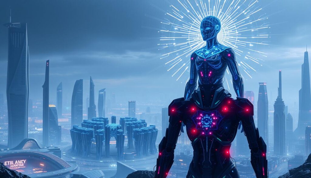 A futuristic digital landscape depicting the contrast between artificial general intelligence (AGI) and narrow AI. In the foreground, a towering, humanoid AGI figure radiates an aura of boundless potential, its advanced neural architecture hinted at through intricate circuitry and glowing energy fields. In the middle ground, a cluster of specialized narrow AI systems, each focused on a specific task or domain, stand in stark contrast to the all-encompassing AGI. The background is a stunning cityscape of sleek, high-tech architecture, with hints of both the promise and the challenges that the advent of AGI may bring. The scene is bathed in a cool, futuristic lighting, creating a sense of wonder and unease, as the viewer contemplates the implications of this momentous technological shift.