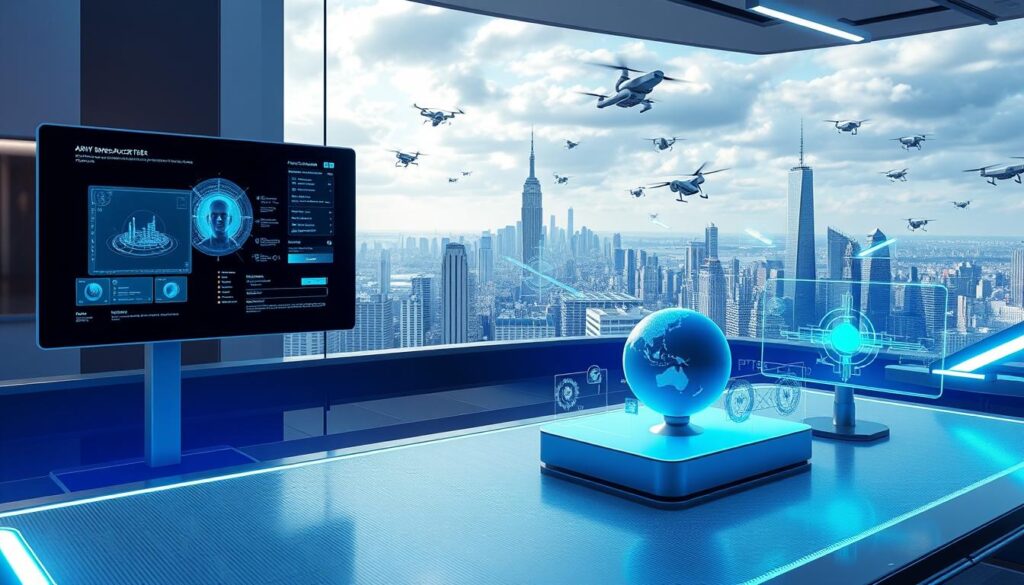 A futuristic digital workspace showcasing a variety of AR/VR development SDKs and frameworks. In the foreground, holographic displays and interactive 3D models hover above a sleek, metallic desk. Ambient blue lighting casts a serene glow, while in the middle ground, floating interface elements and UI components suggest the depth and complexity of these tools. In the background, a panoramic view of a high-tech cityscape, with skyscrapers and drones, conveys the cutting-edge nature of this field. The overall scene exudes a sense of innovation, possibility, and the fusion of the physical and digital realms.