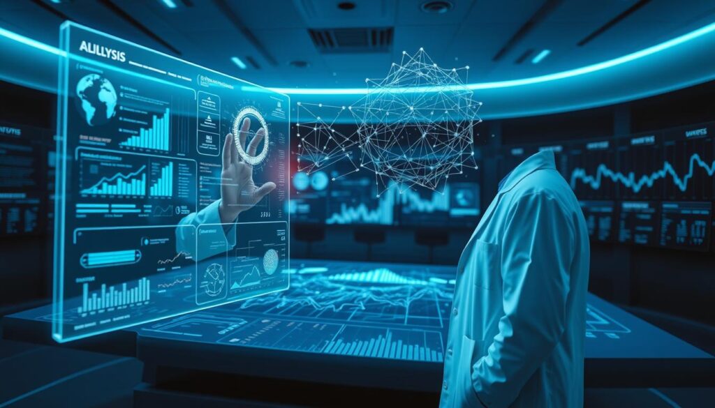 A futuristic, high-tech data analysis process powered by artificial intelligence. In the foreground, a sleek, holographic dashboard displays real-time data visualizations, with a scientist in a clean, white lab coat interacting with the interface using precise hand gestures. In the middle ground, complex algorithms and neural networks weave intricate data patterns, casting a soft, ambient glow. The background is a dimly lit, minimalist control room, with large screens displaying sophisticated analytics and insights. The scene is bathed in a cool, blue-tinted lighting, creating a sense of precision and intellectual rigor. The overall atmosphere conveys the power of AI-driven data analysis to uncover hidden insights and drive informed decision-making.