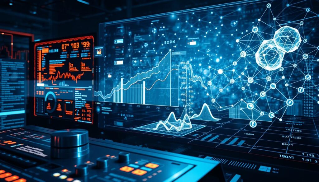 A futuristic, holographic data visualization showcasing advanced data science techniques. In the foreground, a sleek, metallic interface with glowing buttons and dials, surrounded by a matrix of floating data points and algorithms. In the middle ground, complex 3D charts and graphs rendered in shimmering, translucent holograms, showcasing intricate patterns and insights. The background is a vast, ethereal landscape of interconnected neural networks and deep learning models, pulsing with energy and dynamism. Dramatic lighting casts sharp shadows, creating a sense of depth and drama. The overall atmosphere is one of technological sophistication, innovation, and the boundless potential of data science.