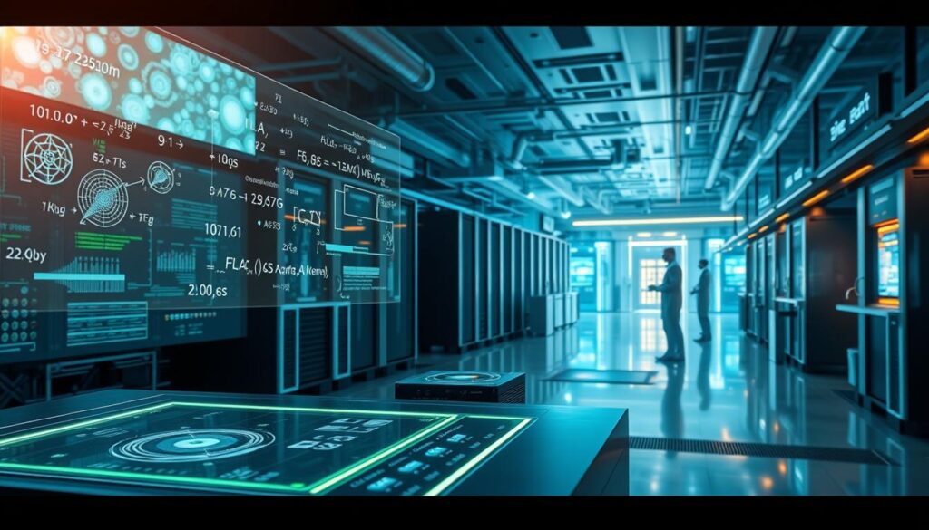 A futuristic laboratory with cutting-edge quantum computing hardware. In the foreground, a sleek, holographic control interface with complex mathematical equations and data visualizations floating above it. In the middle ground, a cluster of quantum processors emitting a soft, ambient glow. The background features a panoramic view of a vast, high-tech research facility, with towering server racks, diagnostic screens, and engineers in clean-room attire. The lighting is a balance of cool, metallic tones and warm, pulsing accents, creating an atmosphere of technological innovation and scientific discovery.