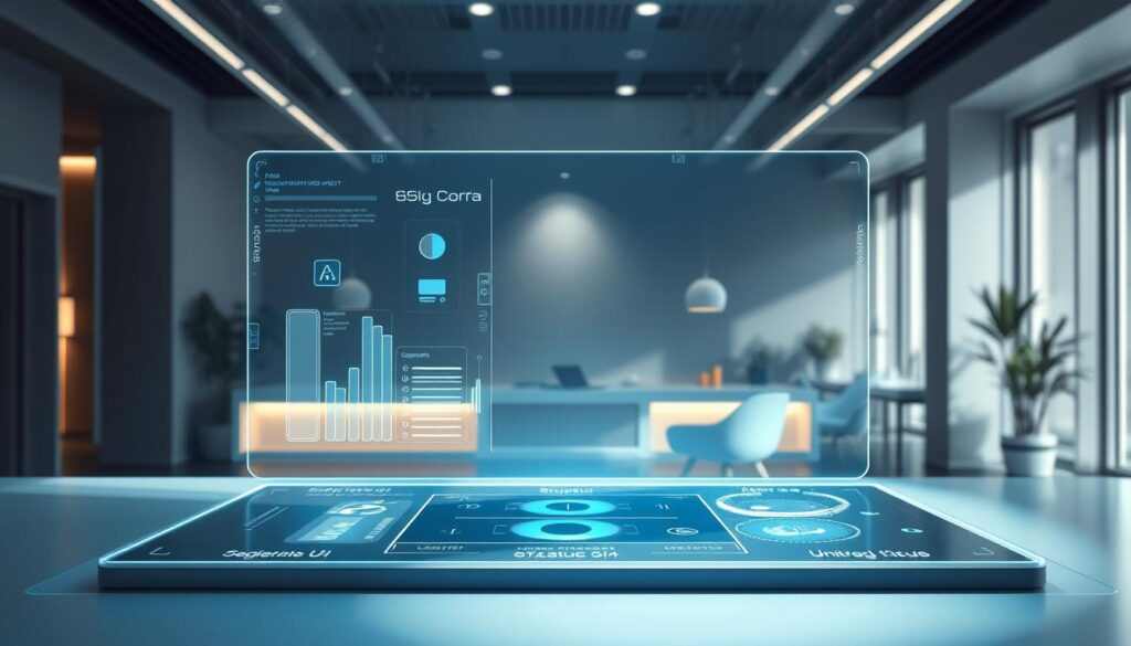A futuristic user interface design for augmented reality, showcasing spatial UI principles. In the foreground, a holographic display projects interactive virtual elements, seamlessly integrated into the physical environment. The middle ground features a minimalist control panel, with intuitive gesture-based interactions. The background is a sleek, modern workspace, filled with natural light and subtle ambient details. The lighting is soft and diffused, creating a sense of depth and atmosphere. The overall composition emphasizes the harmony between digital and physical, guiding the user's focus towards the core principles of spatial UI design.
