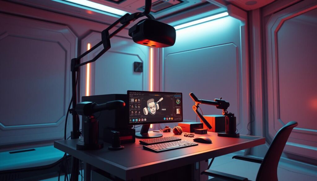 A high-fidelity 3D modeling workstation with a virtual reality headset and motion controllers, showcasing the process of creating 3D assets for immersive experiences. The scene depicts a futuristic, minimalist interior with clean lines and a sleek, technological aesthetic. The lighting is a combination of warm, directional light from the workstation and cool, ambient lighting from the surrounding environment. The camera angle provides a dynamic, three-quarter view, emphasizing the depth and dimensions of the setup. The overall mood is one of focus, innovation, and the seamless integration of digital creation and physical interaction.