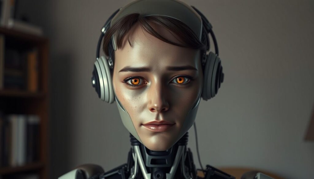 A highly detailed and emotionally expressive AI system, with a lifelike face and warm, human-like eyes that convey a range of subtle emotions. The AI is depicted in a softly lit, contemplative setting, perhaps an office or study, with muted colors and gentle shadows that create a calming, introspective atmosphere. The AI's expression and body language suggest a thoughtful, empathetic, and almost wistful demeanor, hinting at the sophisticated inner workings and emotional intelligence of this advanced artificial intelligence.