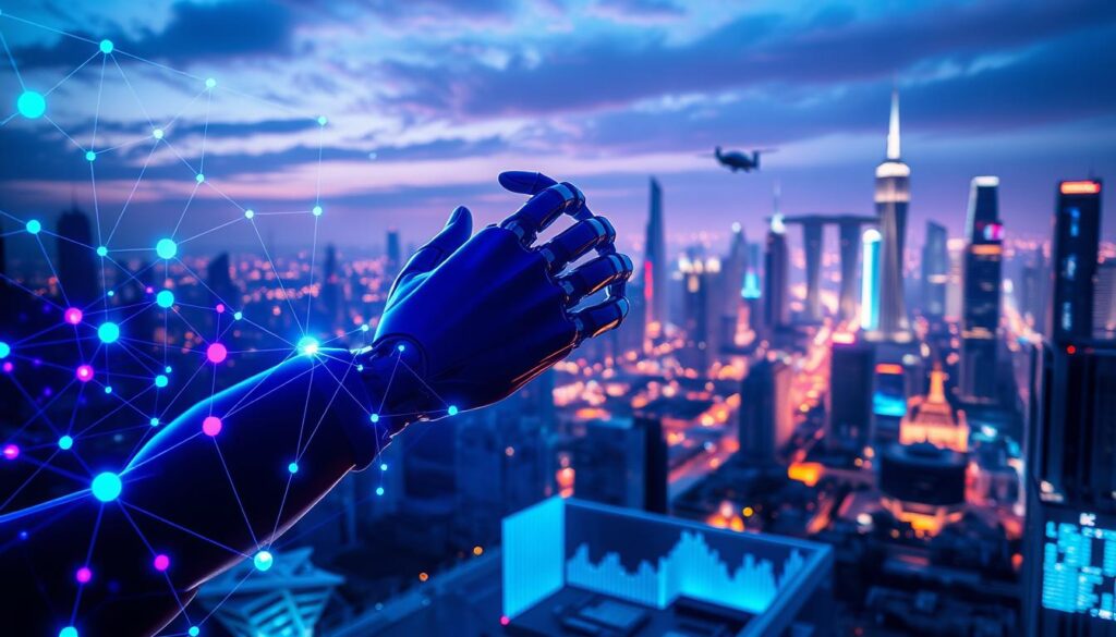 A highly detailed and photorealistic image of AI augmentation techniques. In the foreground, a sleek and modern artificial neural network diagram with complex node connections, glowing with vibrant blues and purples. In the middle ground, a robotic hand manipulating and enhancing digital data visualizations. In the background, a futuristic cityscape with towering skyscrapers, hovering vehicles, and a vibrant, neon-lit skyline. Cinematic lighting casts dramatic shadows, creating a sense of depth and technological sophistication. The overall mood is one of advanced, cutting-edge AI capabilities seamlessly augmenting and enhancing human abilities.