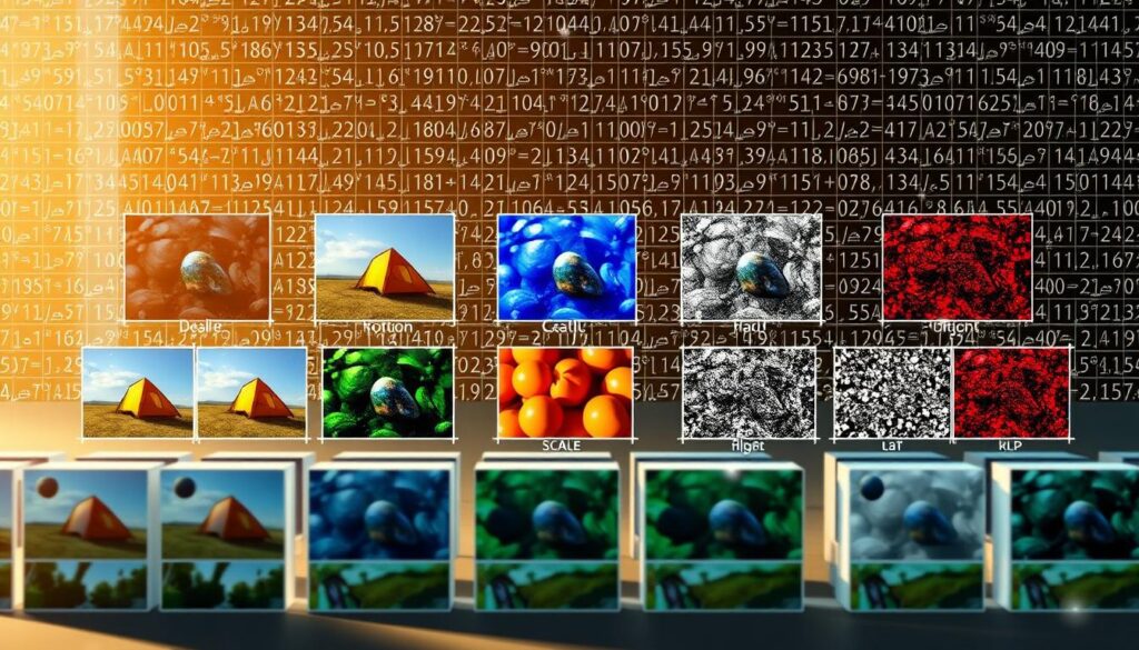 A highly detailed and technical illustration depicting various data augmentation techniques for image recognition. In the foreground, a set of original image samples are shown, including photographs of different everyday objects. In the middle ground, a series of augmented versions of these images are displayed, showcasing techniques such as rotation, scaling, flipping, and noise addition. The background features a grid-like pattern of data points and mathematical equations, hinting at the underlying algorithms and principles of data augmentation. The scene is lit by a warm, natural light, creating a sense of depth and dimensionality. The overall mood is one of scientific exploration and the power of deep learning to unlock new possibilities in image recognition.